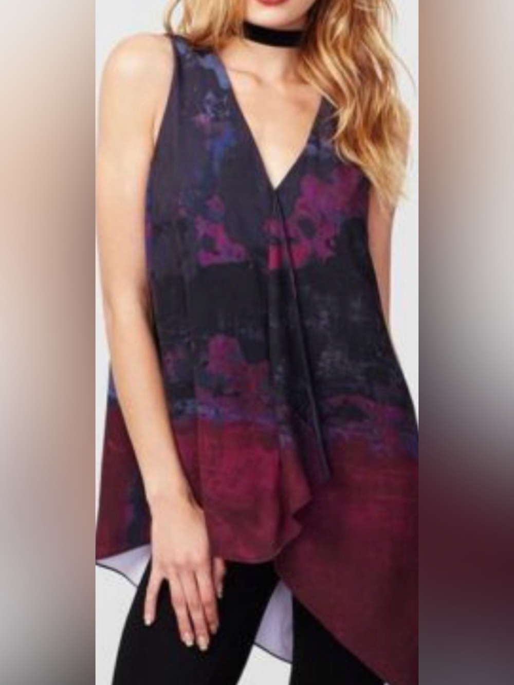 RACHEL Rachel Roy Black and Deep Magenta V-Neck Sleeveless Tunic